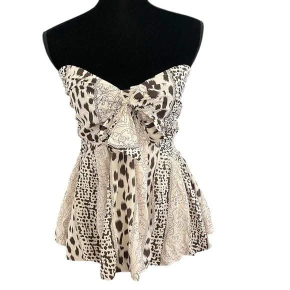 Stitch + Feather Strapless Babydoll animal print bubble top women Large boho tan - Picture 1 of 6